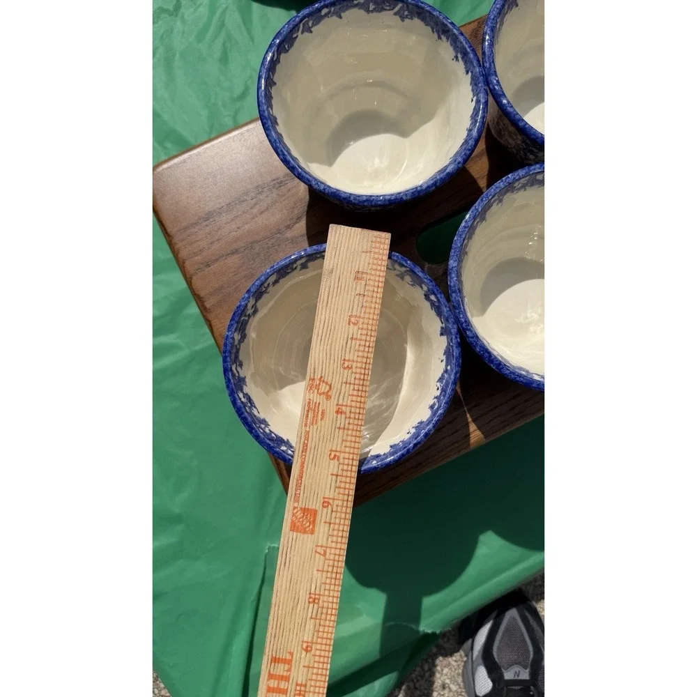 Set of 4 Blue Spongeware Farm Animal Bowls Rustic Pottery Cups‎